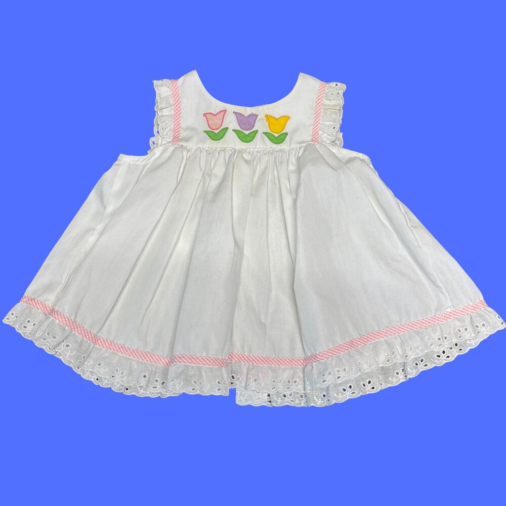 Vintage Pinafore Dress Baby Girl 3-6 Months White Sleeveless Floral Ruffle Trim
